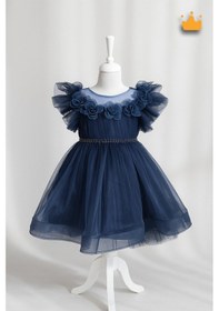 Resim Babyhola 2-8 Yaş Gül Yakalı Grenli Kabarık Tül Kız Bebek Çocuk Abiye Elbise Bayramlık Gelinlik 3502 Lacivert 