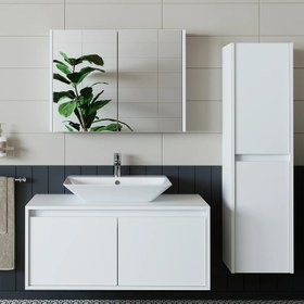 Resim RoomArt Banos Banyo Lavabolu Mat Beyaz Mdf 100cm Banyo Dolabı+aynalı Banyo Üst Dolap+Banyo Boy Dolap 