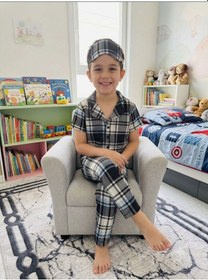 Resim Aliş Kids Erkek Çocuk Pamuklu Gri Ekose Desenli Kısa Kollu Gömlek Yaka Düğmeli Yazlık Pijama Takımı 