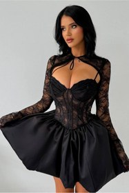 Resim Estilo Fashion Kadın Tafta ve Dantel Kumaş Astarlı Güzellik Bolero ve Elbise Takımı 