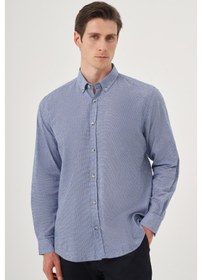 Resim Erkek Mavi Keten Trend Desenli Regular Fit Düğmeli Yaka Gömlek 25ys004027300 Mavi Mavi 