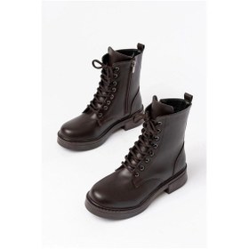 Resim 02-356 Kahve Düz Topuklu Bağcıklı Fermuarlı Günlük Kadın Bot Çok Renkli 