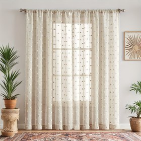 Resim 1'li Paket, Bej Sevimli Bulut Pomponlu Yarı Şeffaf Perde ile Puantiyeli Polar Toplar, Kaliteli Polyester Kumaş, Çubuk Cebi Tasarımı, Fransız Ülke Stili Ev Dekoru, Yatak Odası ve Çalışma Ofisi için Uygun 