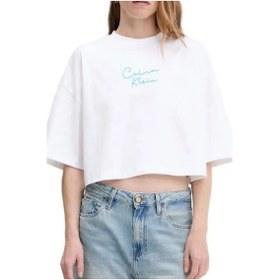 Resim Kadın Cropped Boxy Fit Zincir Dikiş Logolu T-shirt - Beyaz-8784 Brilliant White 