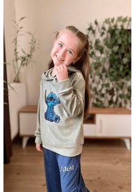 Resim Turuncu Gardrop 3-10 Yaş Stitch Kadife Kız Çocuk Takım Haki Haki 