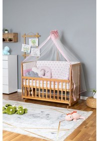Resim Ahşap Beşik Anne Yanı Beşik Vernikli 70x130 - Pembe Yıldız 3 Yastıklı Uyku Seti + Yataklı Ahşap 