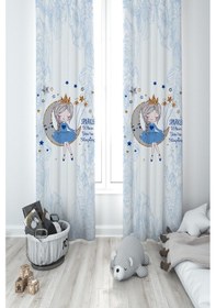 Resim Mekta Home Bebek Ve Çocuk Odası Ayda Oturan Kız Desenli Mavi Motifli 2 Kanat Fon Perde 