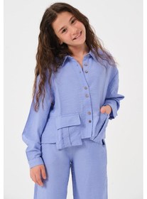 Resim Genç Kız Çocuk Cepli Uzun Kollu Gömlek Mavi 