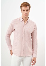 Resim Erkek Turuncu Pamuk Çizgili-panolu İtalyan Yaka Slim Fit Gömlek 25ms004020451 Turuncu Turuncu 