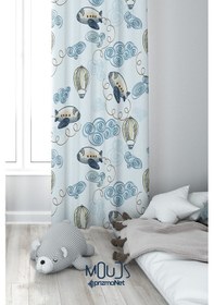 Resim Mavi Uçak Desenli Fon Perde Çocuk Ve Bebek Odası Süet Dijital Baskılı Ekstrafor Büzgü Tek Kanat Çok Renkli 