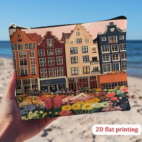 Resim 1 Adet Çiçekli Amsterdam Evleri Seyahat Saklama Çantası - Canlı 2D Düz Baskılı Kozmetik ve Tuvalet Organizatörü, Kadınlar için Dayanıklı Polyester Makyaj Çantası, Makinede Yıkanabilir, Seyahat ve Günlük Kullanım İçin İdeal - Kadınlar için Hediye, Fermuarlı Çanta | Canlı Baskı 