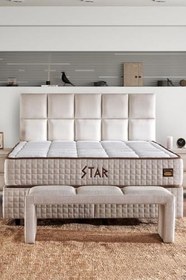 Resim Niron Yatak Star Seti 100x200 cm Tek Kişilik Yaylı Sert Ortopedik Krem Keten Lüks Baza Başlık Takımı 