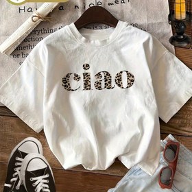 Resim Kadınlar için rahat 'Ciao' Leopar Desenli Kısa Kollu T-Shirt - Yuvarlak Yaka, Düzenli Uzunluk, Tüm Mevsimler İçin Rahat, Leopar Desenli Bluz 