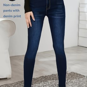 Resim Kadınların Şık Yüksek Bel Esnek Skinny Faux Denim ile Derin Mavi Rahat Kesim. 