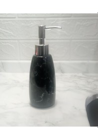 Resim Mermer Desenli Siyah Sıvı Sabunluk 8x8x17cm 300ml Banyo Seti 