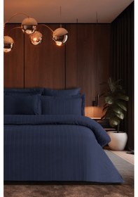 Resim Pierre Cardin Çizgili Saten Nevresim Takımı Çift Kişilik Voyage İndigo 