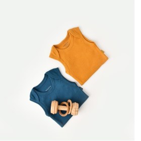 Resim BabyCosy Organik Askılı Çıtçıtlı Yazlık 2li Bebek Atlet Zıbın Sarı Mavi 