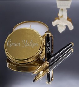 Resim Kişiye Özel Füme Dolma Kalem & Gold Metal Kutulu Mum Hediye Seti 