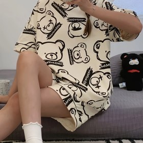 Resim Kadınlar için Sevimli Karikatür Ayı Baskılı Pijama Takımı - Rahat Kısa Kollu & Şort Ev Giyimi, Makinede Yıkanabilir 