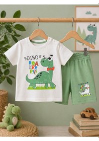Resim Durukoza Erkek Bebek Dinozor Baskılı Şortlu Takım %100 Pamuk Yazlık Omuz Düğmeli Beyaz - Yeşil 