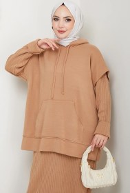 Resim Bestenur Kapüşonlu Tunik Elbise Triko Takım 1645 - Vizon Vizon 