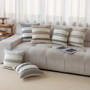 Resim 1 adet Rustik Ülke Çizgili Dokuma Doku Yastık Kılıfı, Makine Yıkamalı Polyester Atkı Yastık Kılıfı, Oturma Odası Dekoru için Fermuar Kapatma ile Dekoratif Tassel Yastık Kılıfı 