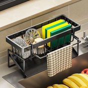 Resim 1 adet Paslanmaz Çelik Lavabo Caddy Düzenleyici, Süzgeç Rafı ve Bulaşık Bezi Tutucu ile - Paslanmaz, Elektrik Gerektirmez, Süngerler, Sabun, Fırçalar ve Bezler için Tezgah Depolama, Mutfak Lavabo Aksesuarları 