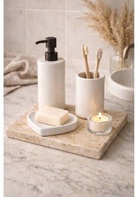 Resim Doğal Traverten Mermer Sunumluk & Çok Amaçlı Tepsi 25 X 20 Cm El Yapımı Premium Servis Tepsisi Bej 