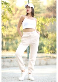 Resim Paçası Lastikli Eşofman Altı Bej Kışlık 3 İplik Şardonlu Reguar Fit - 2529-9016-9017 Taş 