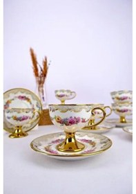 Resim Kosova Lüx Porselen Ayaklı Vintage 6 Lı Fincan Takımı 90cc Çok Renkli 