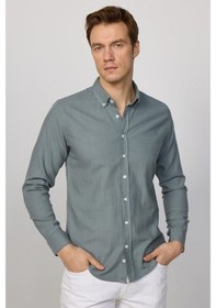 Resim Tudors Erkek Slim Fit Dar Kesim %100 Pamuk Keten Doku Düğmeli Yaka Gri Gömlek-27505 