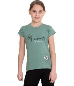 Resim Turkuaz Favorite Baskılı Bisiklet Yaka 5-12 Yaş Tişört 2036-7 Turkuaz 