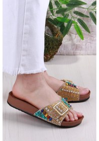 Resim Fort Pienn 20050 Anatomik Rahat Taşlı Boncuklu Tek Tokalı Kadın Terlik Altın 