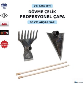 Resim Apeksal Dövme Çelik 2’li Çapa Seti - 90 cm Ahşap Saplı Tırmıklı Ormancı , Üçgen Karık Bahçe & Tarım Çapası 