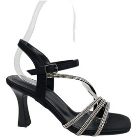 Resim Zerhan 202 Kadın Siyah Saten Taşlı Bantlı Topuklu Abiye Ayakkabı Siyah 