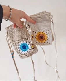 Resim Kemzey Handmade Çiçekli Telefon Çantası, Motifli Tığ İşi Telefonluk, El Yapımı Telefon Kılıfları Bej - Mavi 