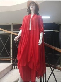 Resim Eren Style Itayan Ipek Detaylı Şallı Kaftan- Asimetrik Pantolon 2'li Takım -9770 Kırmızı 