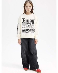 Resim DeFacto Kız Çocuk Oversize Geniş Kalıp Bisiklet Yaka Baskılı Sweatshirt D6629A824AUER99 Ekru 