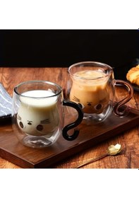 Resim Kedi Figürlü Çift Cidarlı Cam Bardak 330 Ml Borosilikat Isı Yalıtımlı Sevimli Tasarım Cam 