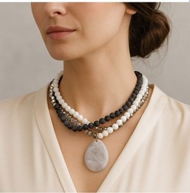 Resim Buzlu Siyah Akik Beyaz Akik Kristal 3 Sıralı Nazar Koruması, Zihi Çok Renkli 