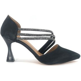 Resim Feles 140 Üç Şerit Taşlı Abiye Kadın Topuklu Ayakkabı Stiletto Siyah-Saten 