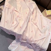 Resim Şirin Buzlu Kumaşlı Pijama, Açık Pembe Çizgi Film Meyve Desenli, Kontrast Dantel Detaylı Yama İşlemeli Kadın Günlük Uyku Takımı 