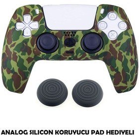 Resim Ps5 Dualsense Uyumlu Kamuflaj Desenli Koruyucu Silikon Kılıf + Analog Silikon Koruyucu Haki Kamuflaj 