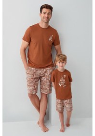 Resim Arnetta Premium Erkek Çocuk Cool Summer Rahat Kalıp %100 Pamuk Kısa Kollu Şortlu Aile Pijama Takım Krem 