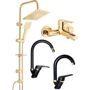 Resim Armilla Armatür Kare Gold Robot Duş Seti, Lüx Gold Banyo, Baston Siyah Gold Lavabo ve Mutfak Bataryası 4’lü Lüx Full Set Baston Gold Kare 