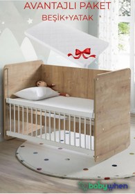 Resim Babywhen BW1071 Sallanan Anne Yanı Kademeli Bebek Beşik - Yatak Dahil - 60x120 - Ahşap 
