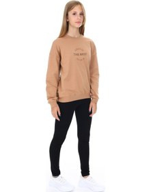 Resim Toontoy Kids Toontoy Kız Çocuk 2'li Takım Baskılı Bisiklet Yaka Düşük Omuz Sweatshirt & Basic Düz Tayt Kahverengi 