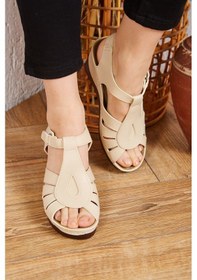Resim Albishoes Dolgu Topuk 8 Cm Krem Yumuşak Rahat Kadın Sandalet 001 