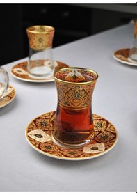 Resim 12 Parça 6 Kişilik Lüx Cam Çay Seti Gold Detaylı Altın Renk İşlemeli Lüks Çay Takımı Turuncu 