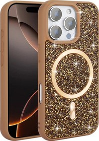 Resim Apple Uyumlu iPhone Adige İphone 16 Pro Max Uyumlu Kılıf Parlak Taşlı Pırlanta Mozaik Gold + Ekran Koruyucu - 